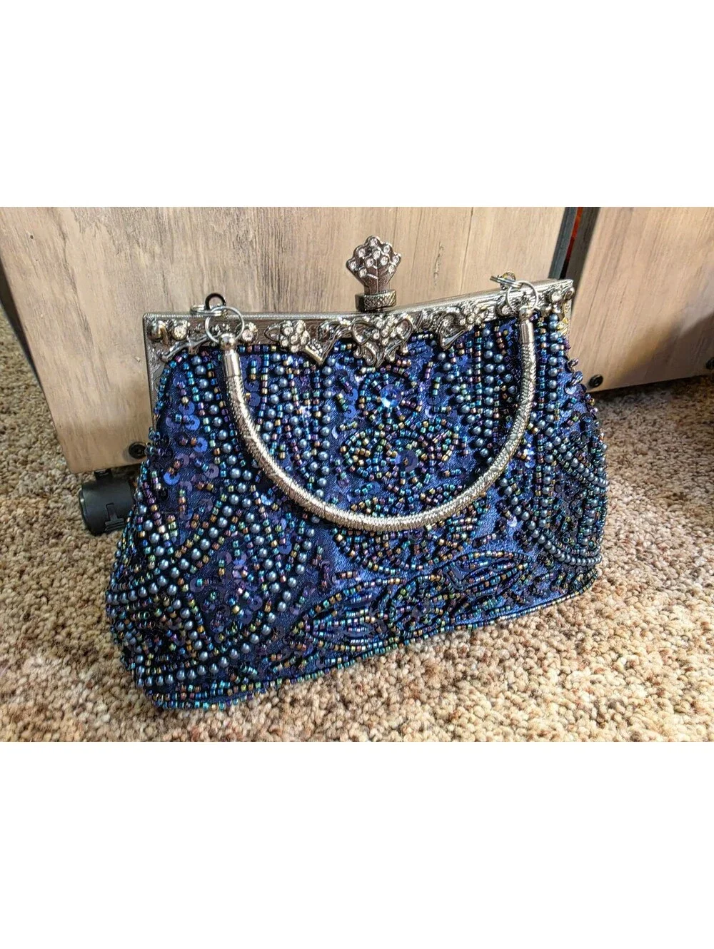 Elegant Blue Beaded Evening Clutch Purse with Silver Handle